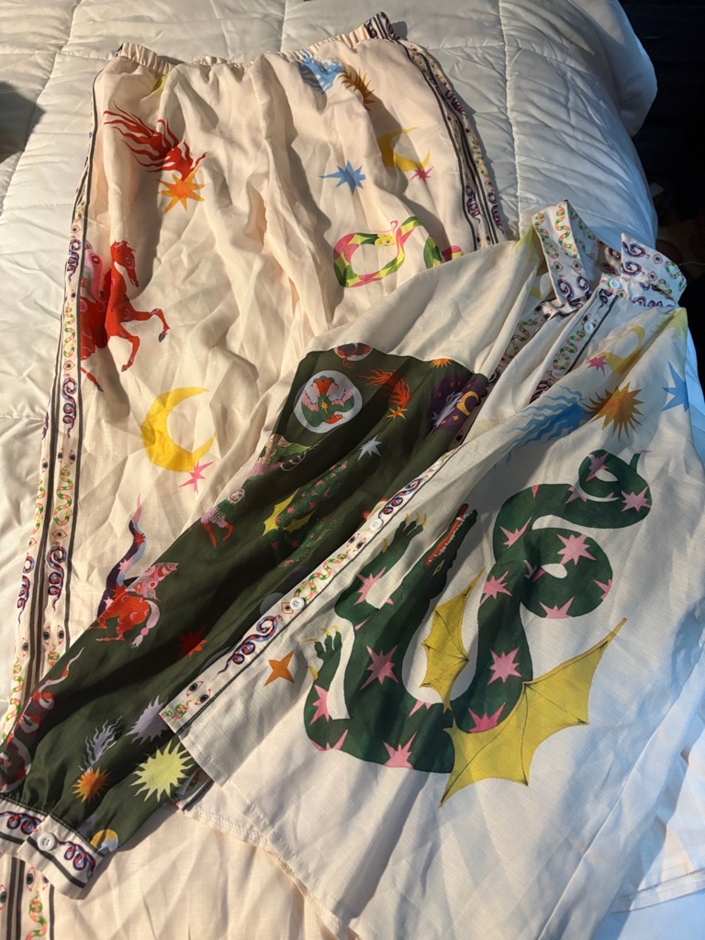 Whimsical Dragon and Celestial Print Lightweight Button-Up